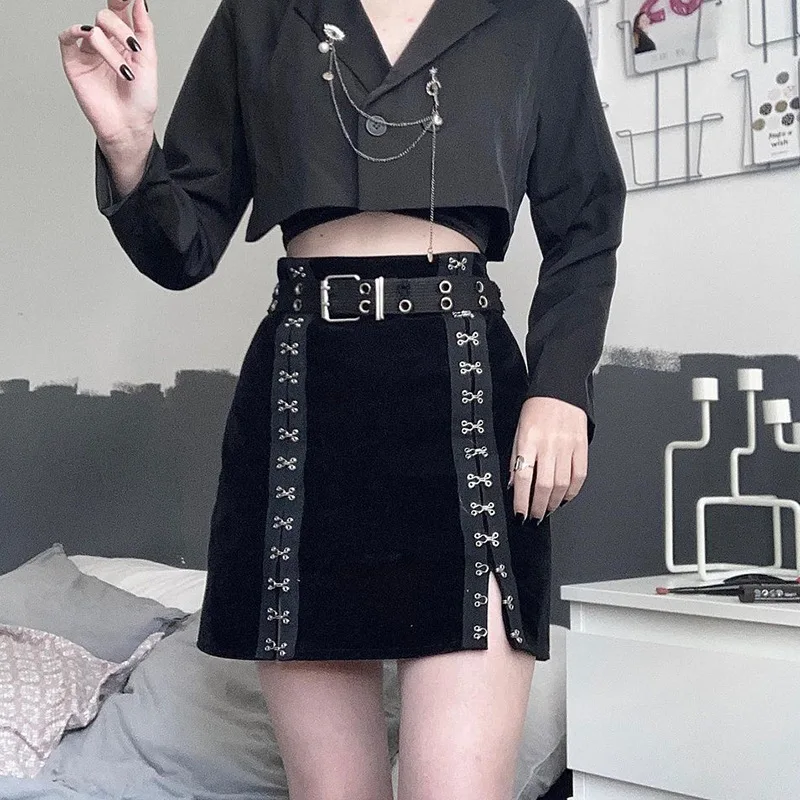 

Ecowalson Vintage Lace Up Black Skirt Gothic Punk style Patchwork High Waist Women Streetwear Bodycon Eyelet Bandage Skirts