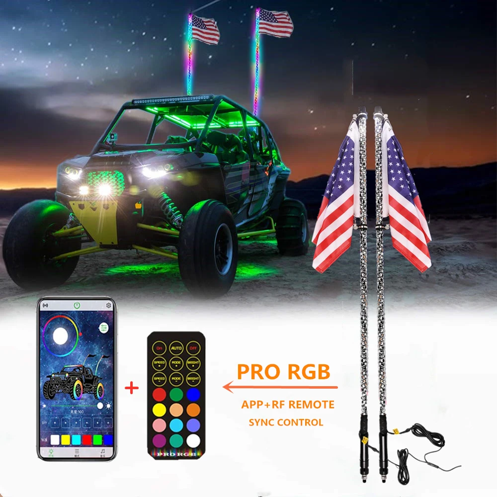 2pcs DC12V Multicolor waterproof led buggy whip remote control and bluetooth sync control led lighting LED flag pole whip lights