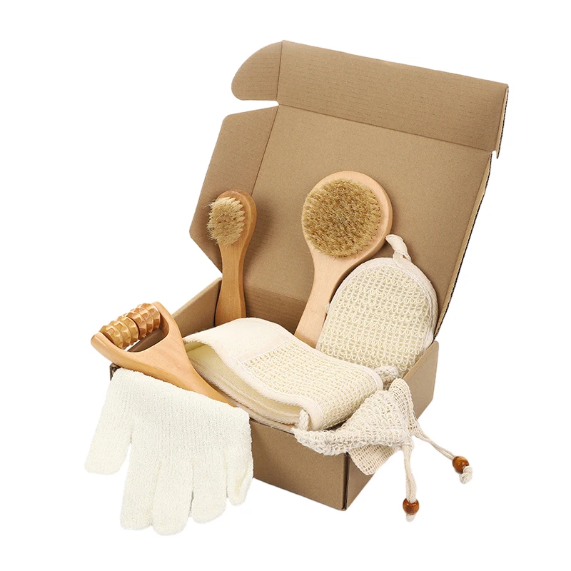 

Natural Environmental friendly Spa Set with wooden brush wooden massager soap bag bath belt bath glove and face cleaning pad