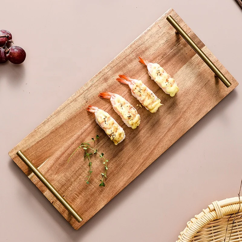 

Hot seller Japanese style with handle wooden sushi plate acacia wooden tray hotel cake dessert wooden tray