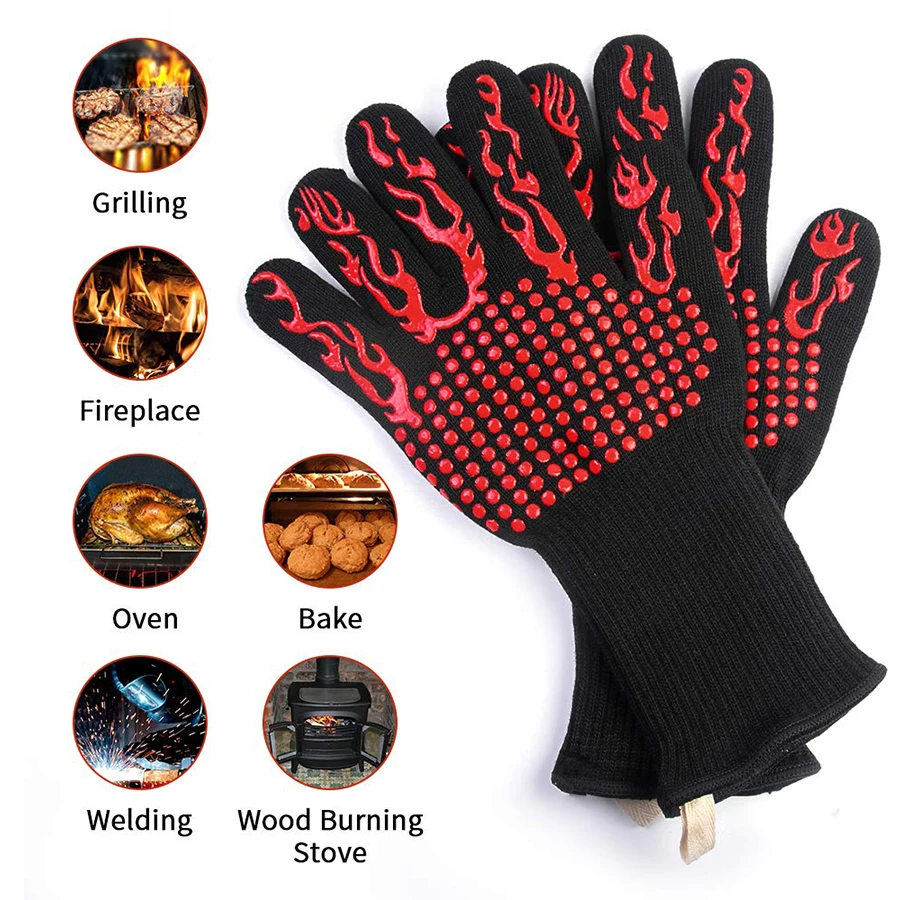 

Heat Resistant BBQ Grill Gloves , Barbecue Grilling Glove , Protectant Fire Place Gloves Cooking Gloves Oven Mitts, Black, or customized