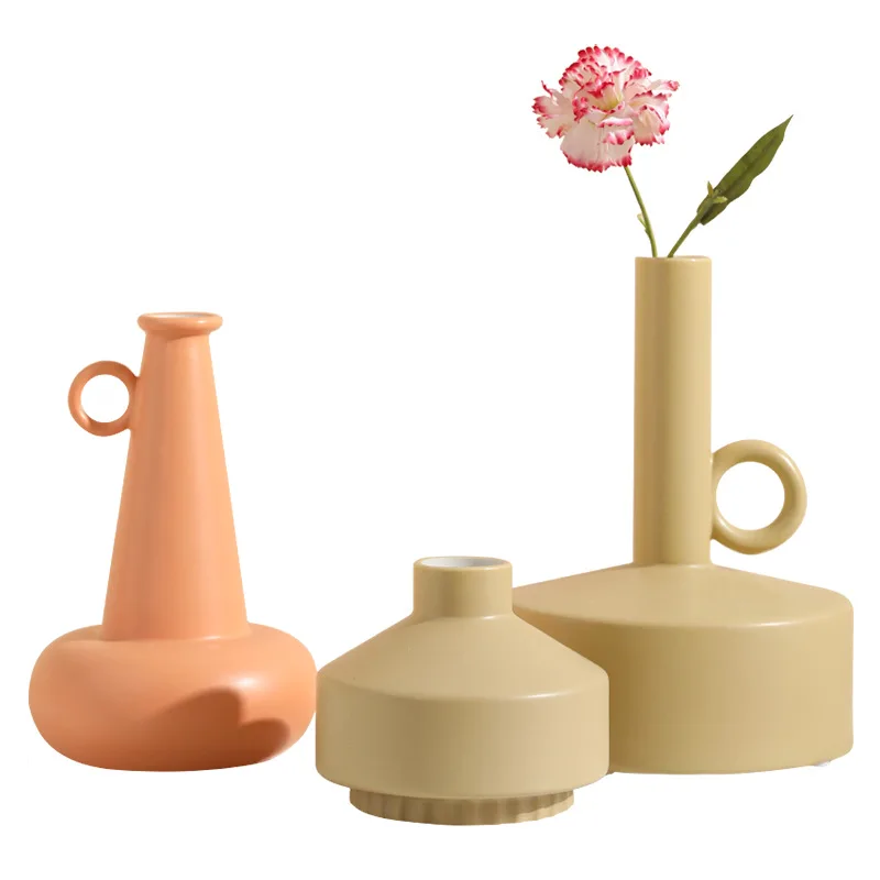 

Wholesale New Design Matte With Handles Creative Handmade Modern Morandi Ceramic Vase For Living Room Table Mantel Decoration, Pink/yellow/orange/dark green
