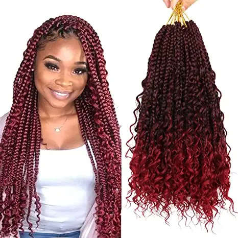 

Onst Hair goddess locs messy crochet boho box braids bohemian hair with curly ombre burgundy pre-looped synthetic box Of braid