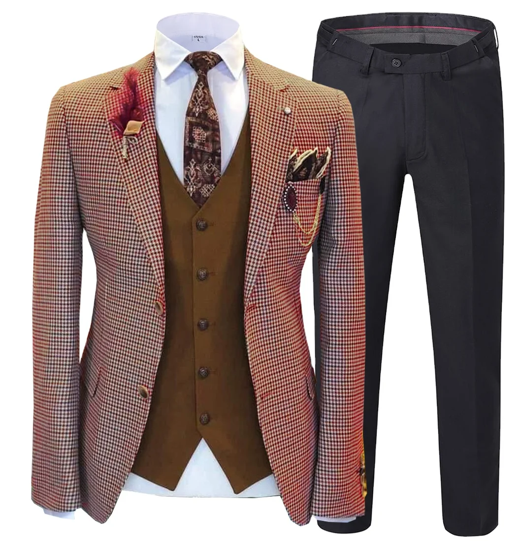 

Fashionable Business Plaid Dog tooth Jacquard slim fit Design 3 Piece Suits Set For Men, Picture