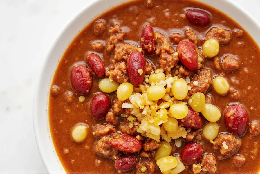 Chili bowl garnished with avocado, cilantro, and lime