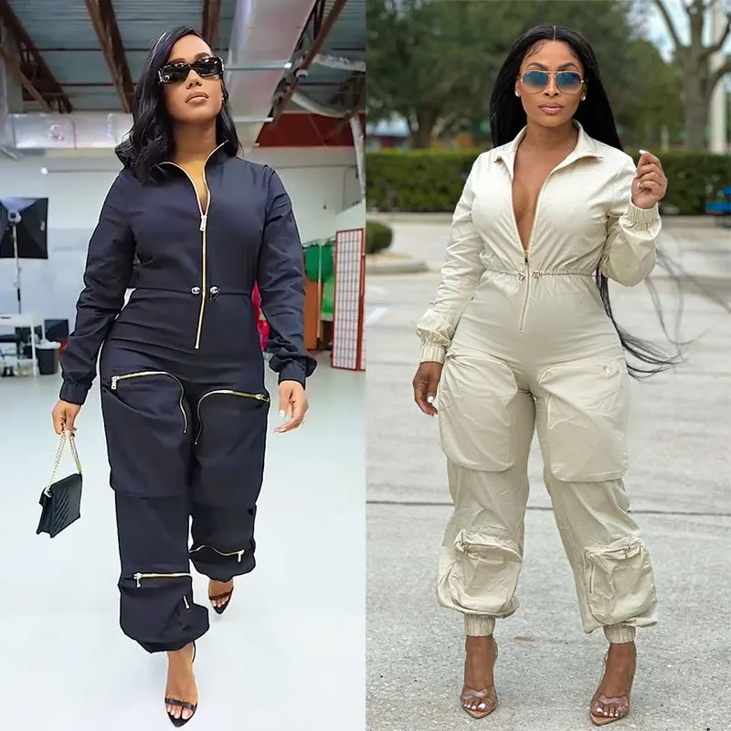 

new fashion women long sleeve jumpsuits casual cargo pockets zipper rompers women blank one piece jumpsuit 2023