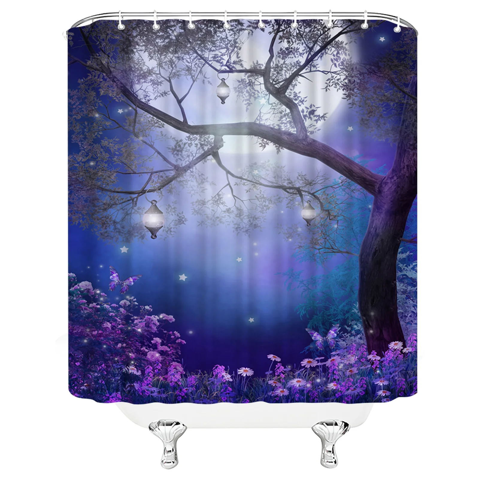 

Creative Design Nigh Beautiful Forest Tree Flower Starry Landscape Image Washroom Bathroom Shower Curtain, Customized color