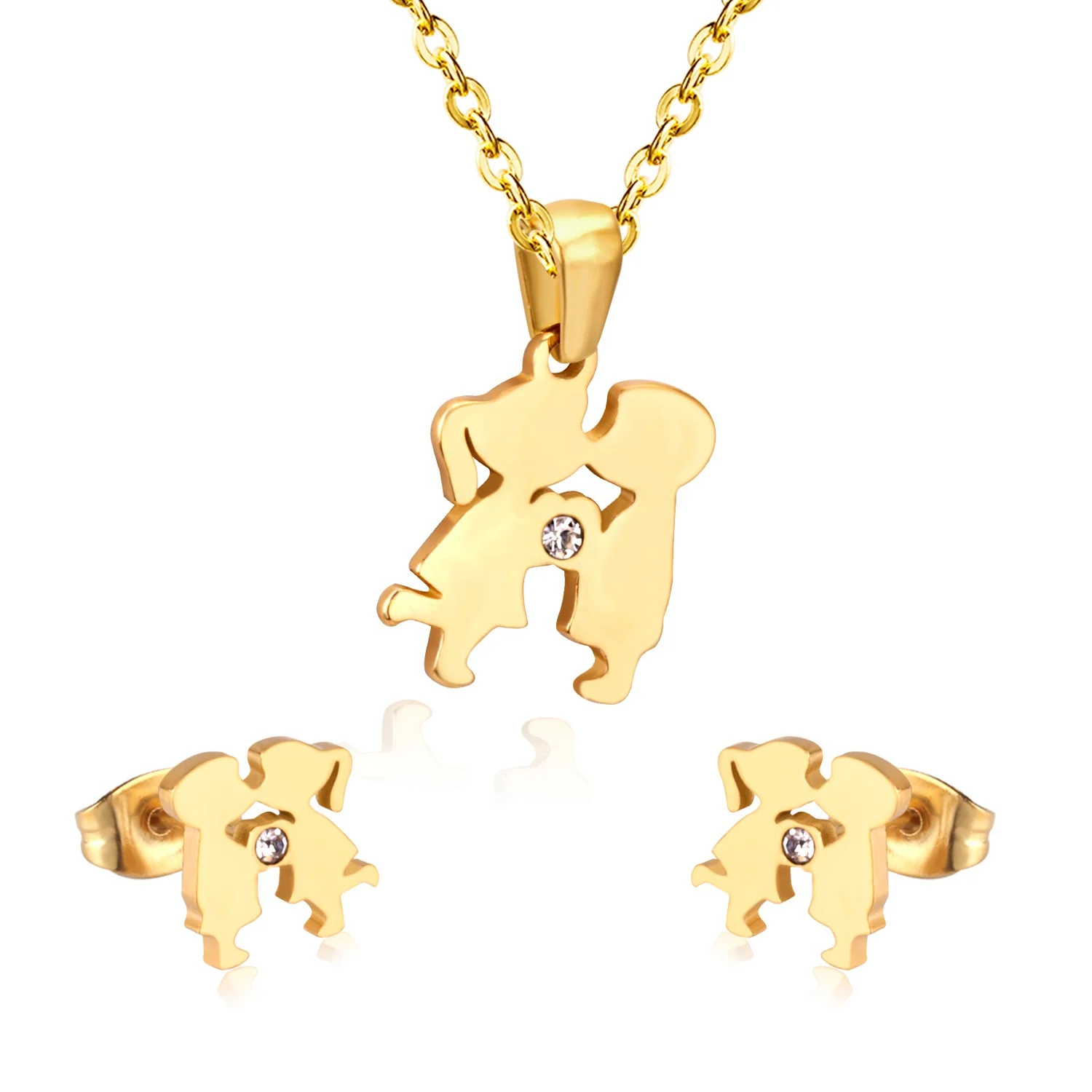 

Stainless steel 18k gold plating kiss kids necklace studs jewelry set, Gold/silver