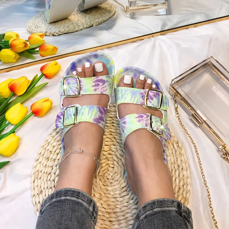 

In Stock Gentle Design Women Shoes Floral Summer Beach Sandals with Double Strap Tie Dye