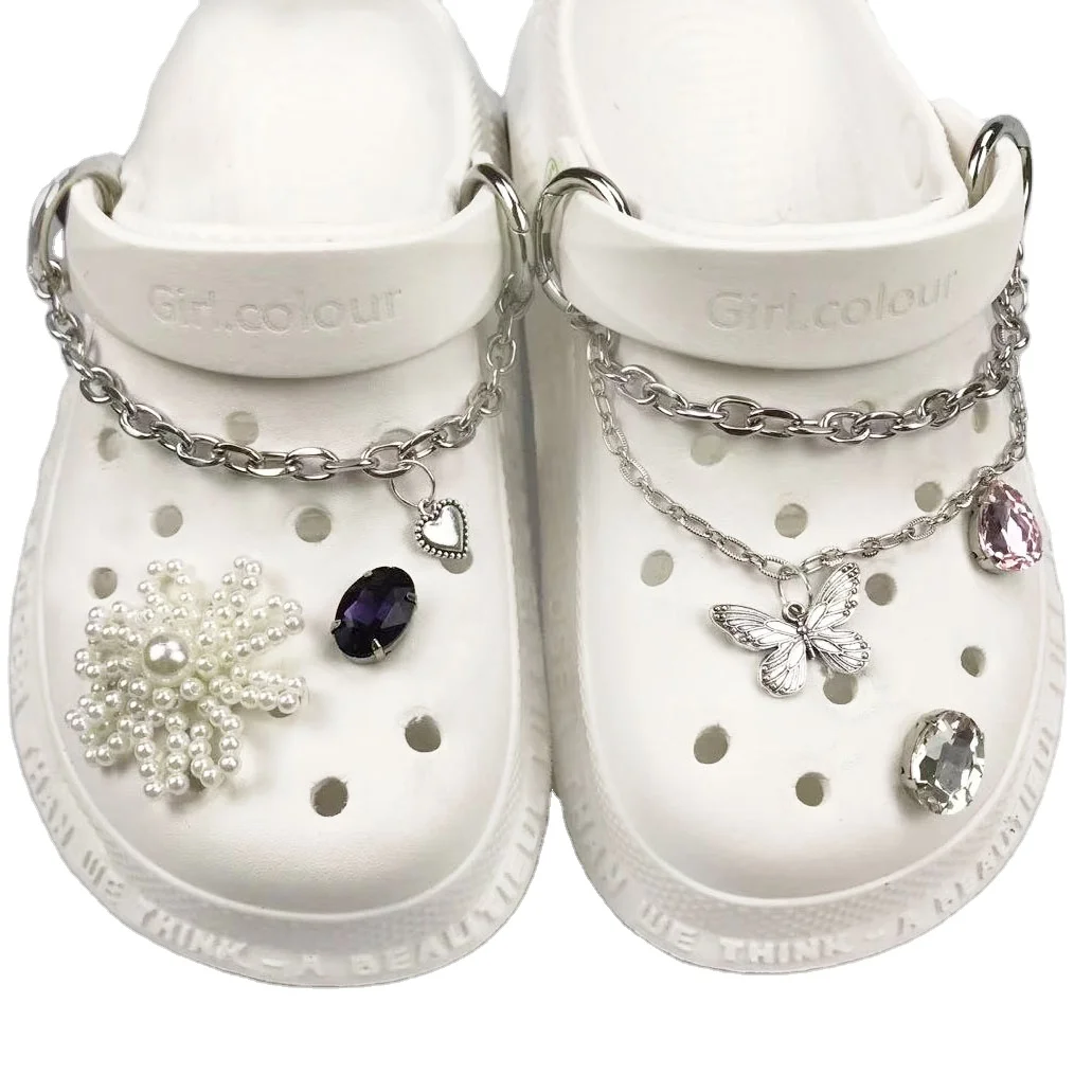 

Hot selling pearl crystal butterfly chain series croc shoes decorative accessories