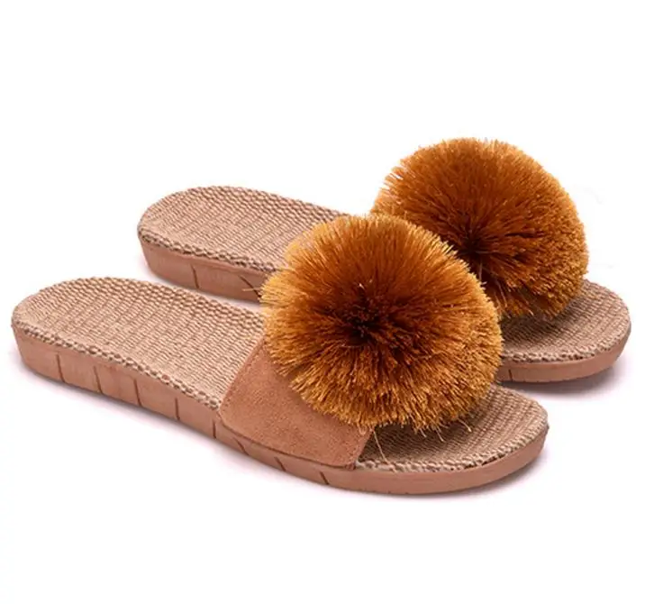 

2020 Women Fox Fur Pom Pom Summer Fluffy Ball Slides Slippers, Customized color