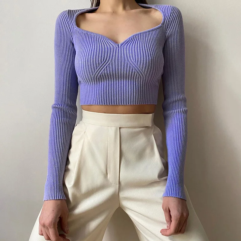 

Wholesale New Style Stripe Knitting Sexy Long Sleeve Heart Shape Crop Top For Lady