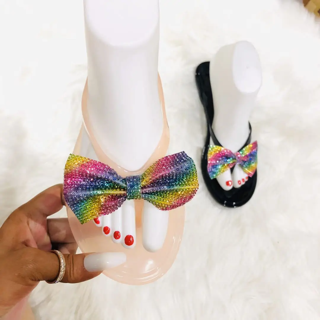 

Summer women flat with Bow rhinestone sequins fashion slippers outdoor wear sandals flat slippers for women, Customized color