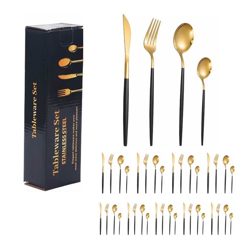 

Reusable spoon knife fork set 24/32/40 pcs cutleri Gold Plated Flatware Stainless Steel Cutlery Sets