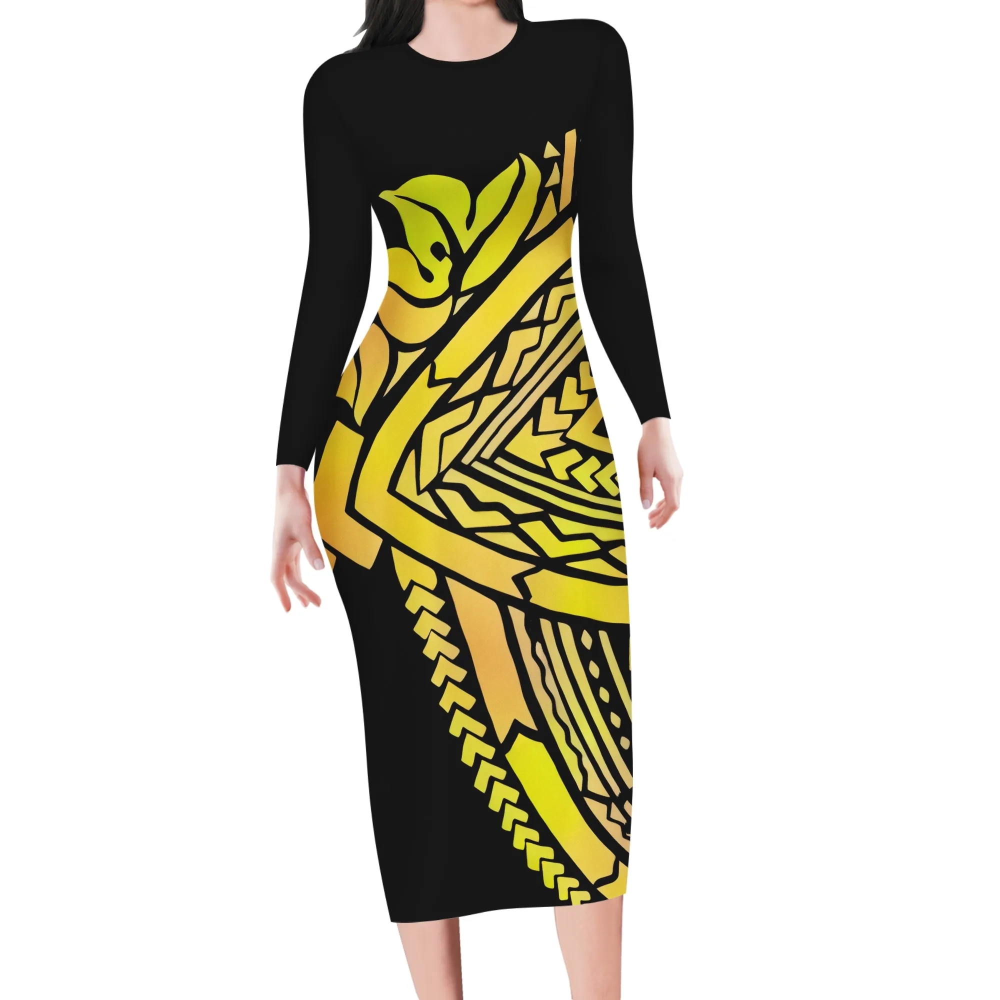 

Golden Polynesian Tattoo Midi Dress Tribal Tatau Dresses Long Sleeve Autumn Women Dresses Bodycon Party Lady Casual Outfits, Customized color