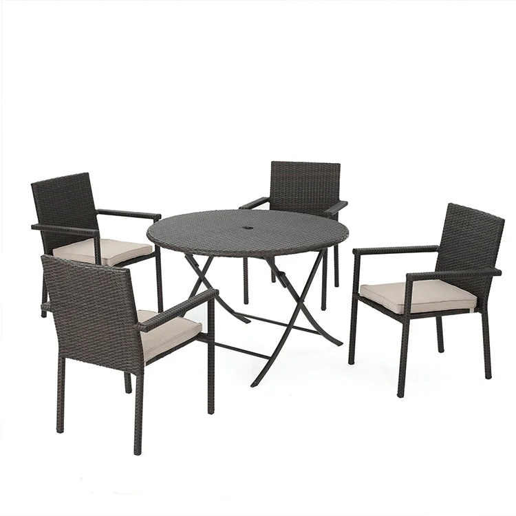 

Outdoor 5 pcs Balcony Furniture Set Rattan Garden Sets Round Folding Table and Stacking Chairs Rattan Dining set, Multibrown and beige