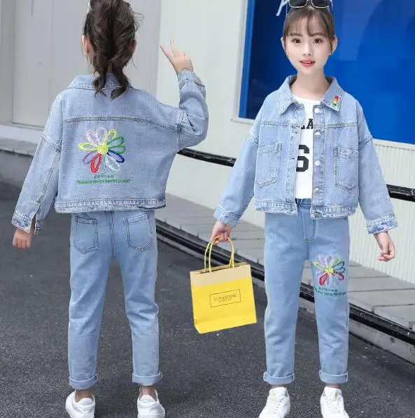 

2020091434 Girl Jean Jacket 3pcs Set Coat Trousers Tshirt Sunflower Embroidery Jean Clothes Set 2-10 Years Old