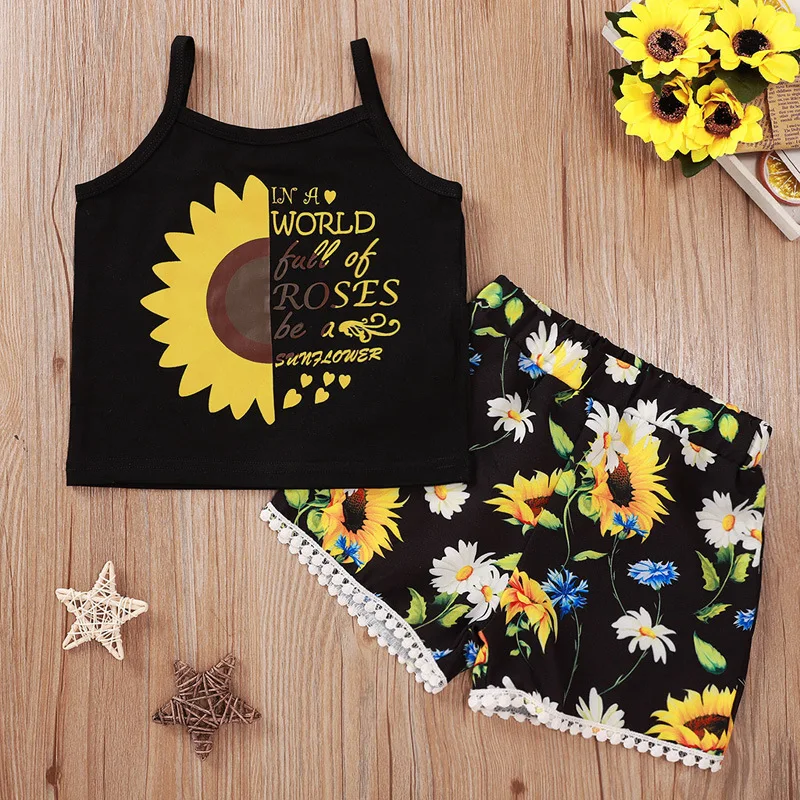 

rts 2021 new fashion children popular kids black sunflower print sling clothes set