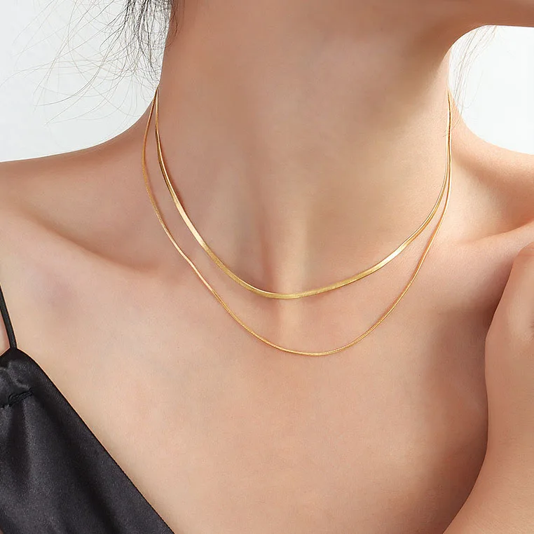 

Drop shipping 18K Gold Plated Stainless Steel Jewelry Wholesale 2 Rows Snake Chain Necklace Street wear Layered Necklace