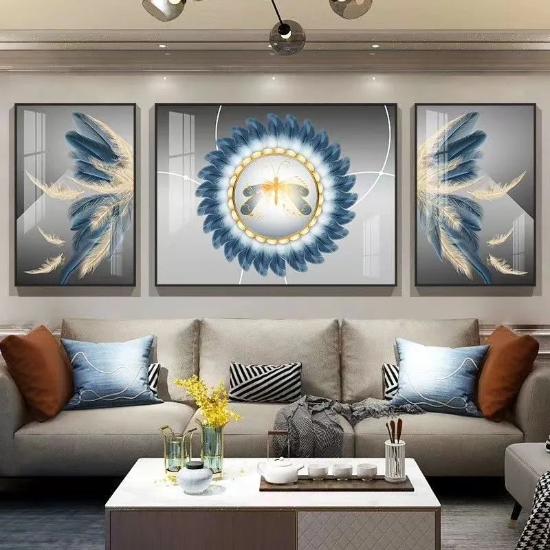 Custom Modern Luxury Wall Painting Blue Feather Abstract Crystal Porcelain Painting Wall Art 3 Pieces Living Room Home Decor