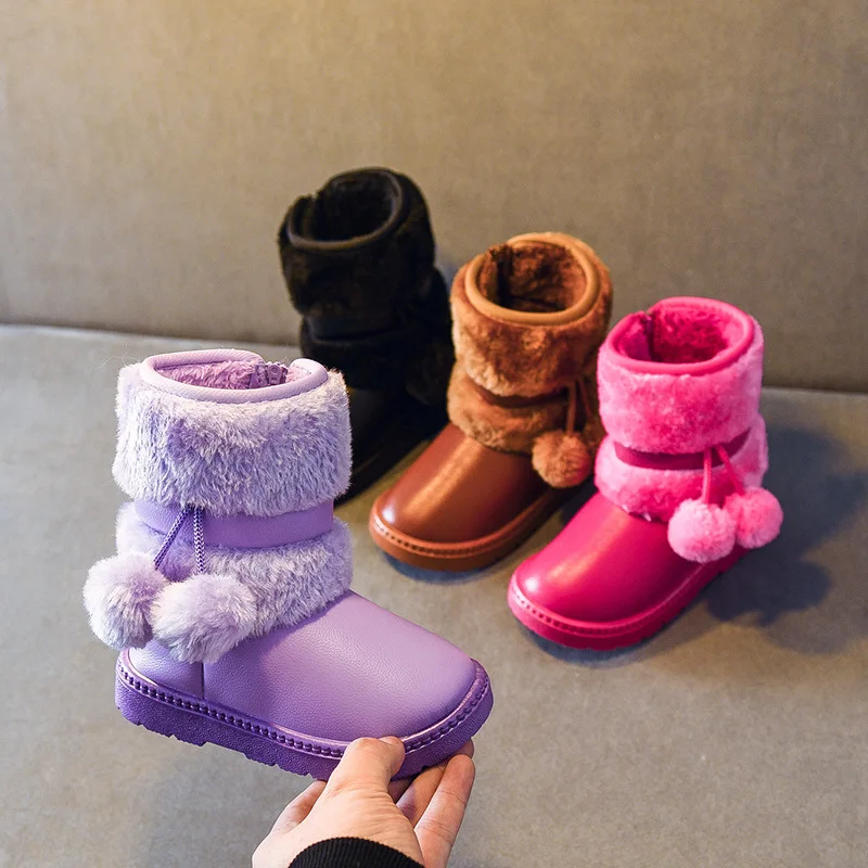 

Childrens Winter Warm Shoes Babys Girls Pom Pom Snow Boots Toddler Infant Little Kids Ankle Boots Fur Lining Princess Kids Shoes