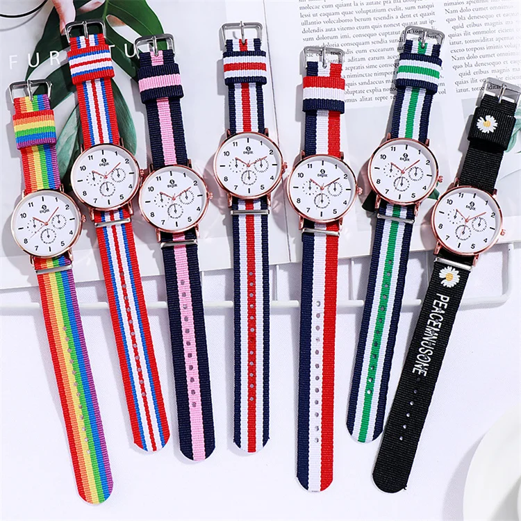 

Wholesale Fashion Korean Version Women Nylon Watch Band Stainless Steel Girls Ladies Quartz Watches, Picture