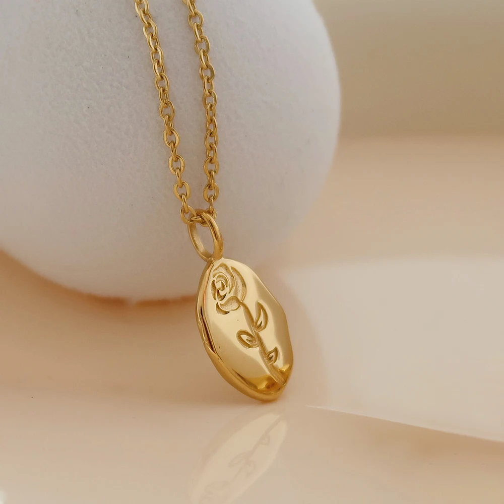 

Trendy 18K Gold Plating Stainless Steel Engraved Rose Flower Oval Coin Pendant Necklace Everyday Jewelry
