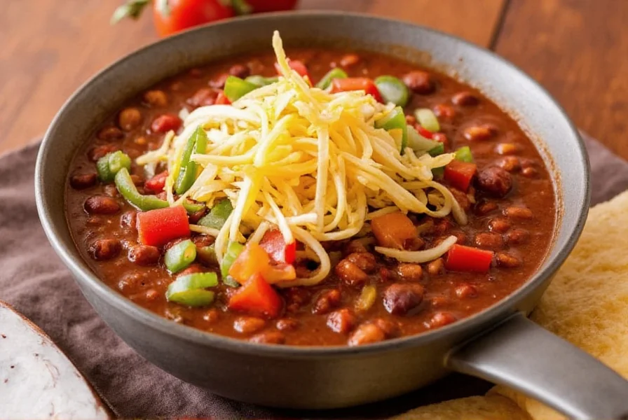 Properly portioned bowl of chili with traditional toppings arranged around the rim