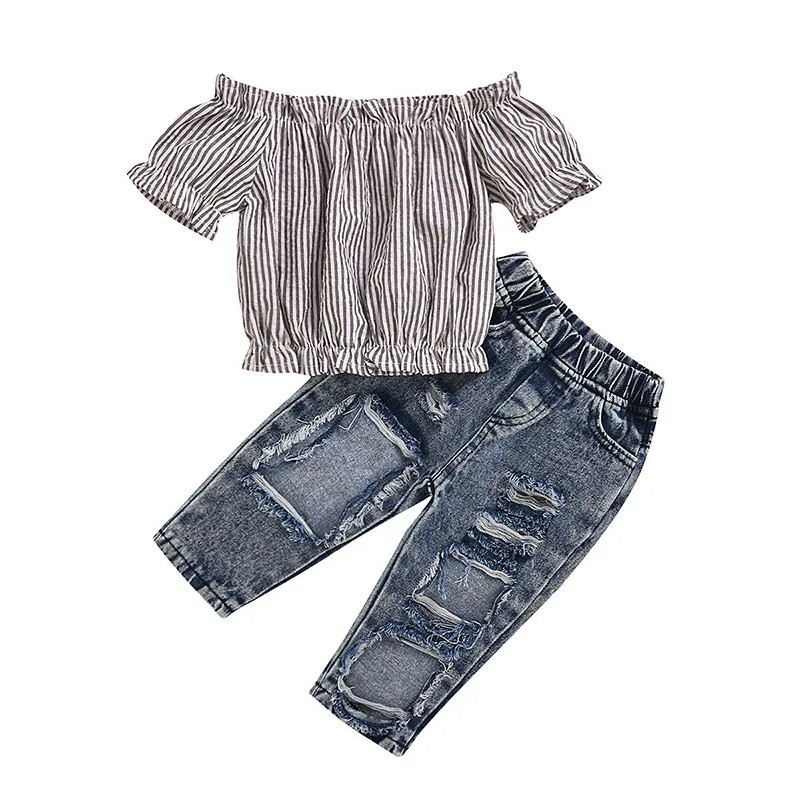 

New design stripe off shoulder cotton top ripped jeans toddler girls clothes, As picture show