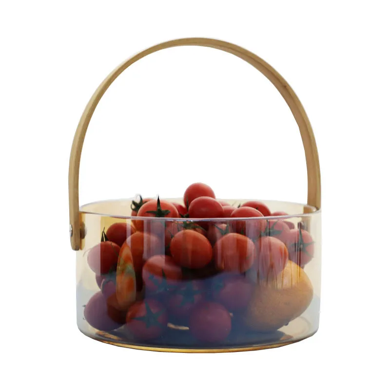 

Glass Fruit Storage Basket with Wooden Handle Nordic Simple Snack Basket Dried Fruit Snack Plate, Clear transparent