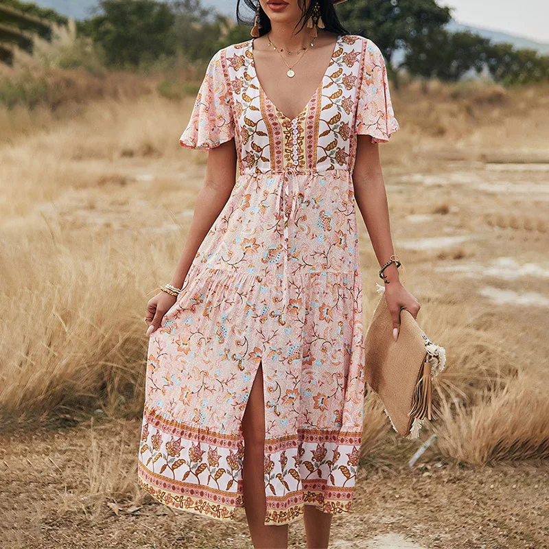 

2021 Newest Summer Elegant Pink Casual Floral Print Short Sleeve Split Dress