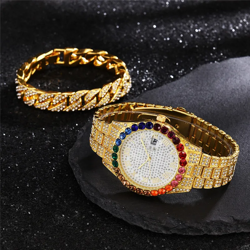 

WJ-10356 New Men Quartz Diamond Watch dropshipping Calendar Big Dial Wristwatch With Bracelet Luxury Fashion Men Gold Watch, Mix