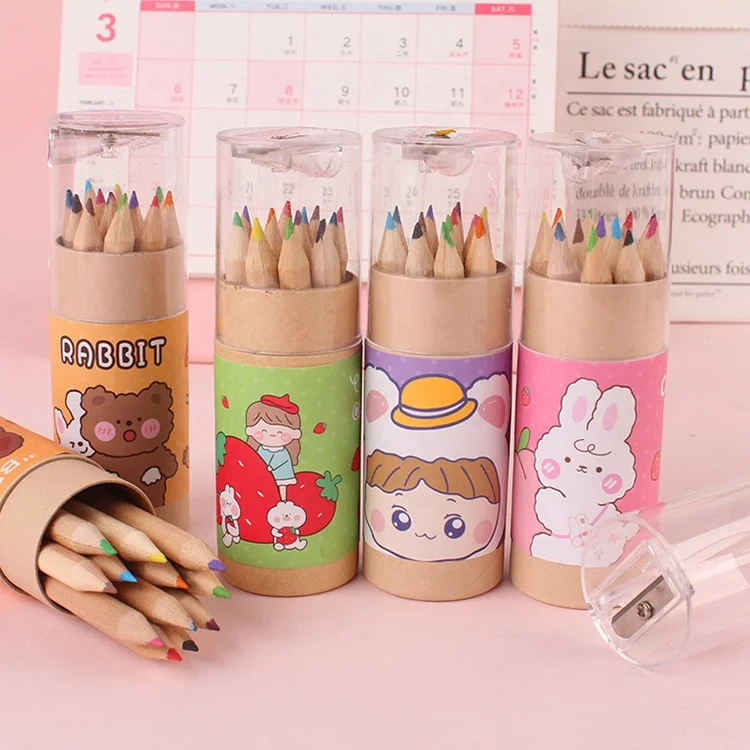 

School kids drawing stationery set cartoon short colored pencils 12 pack