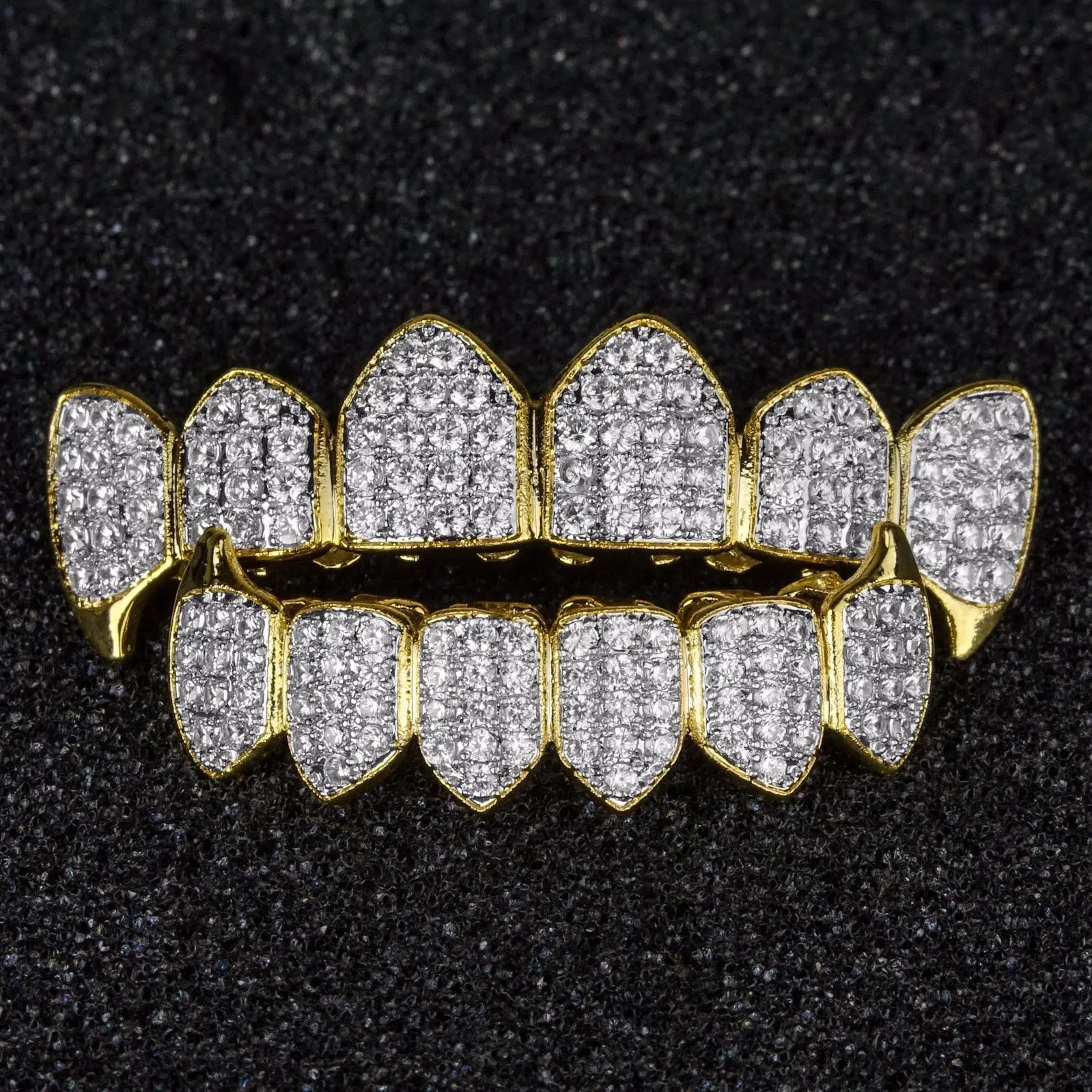 

New Custom Fit Silver Gold Color All Iced Out Luxury AAA Zircon Rhinestone Top & Bottom Gold Grills set Hop HIP teeth Gift, 18k gold/white gold