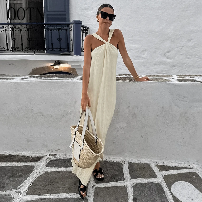 For Sexy Halter Neck Sleeveless Solid Maxi Dress Women Beige Loose Breathable Beach Summer 2025 Casual Long Dress