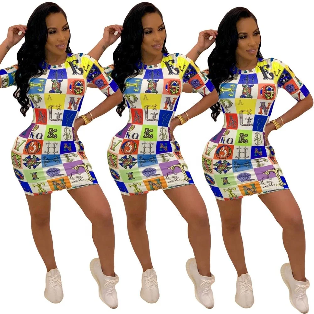 

Modern design women dresses multielement printing O-neck cartoon style dress, Multicolor