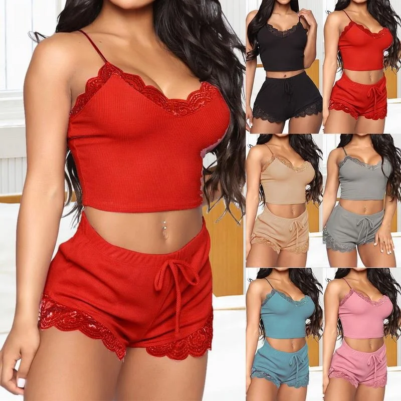 

MGD Women Sexy Threaded V-neck Sleeveless Sleepwear Halter Cami Top Pj Set Two Piece Cotton Shorts Lace Pajamas Set, 8 colors: pink, gray, black, red, light blue, nude, deep blue, purple