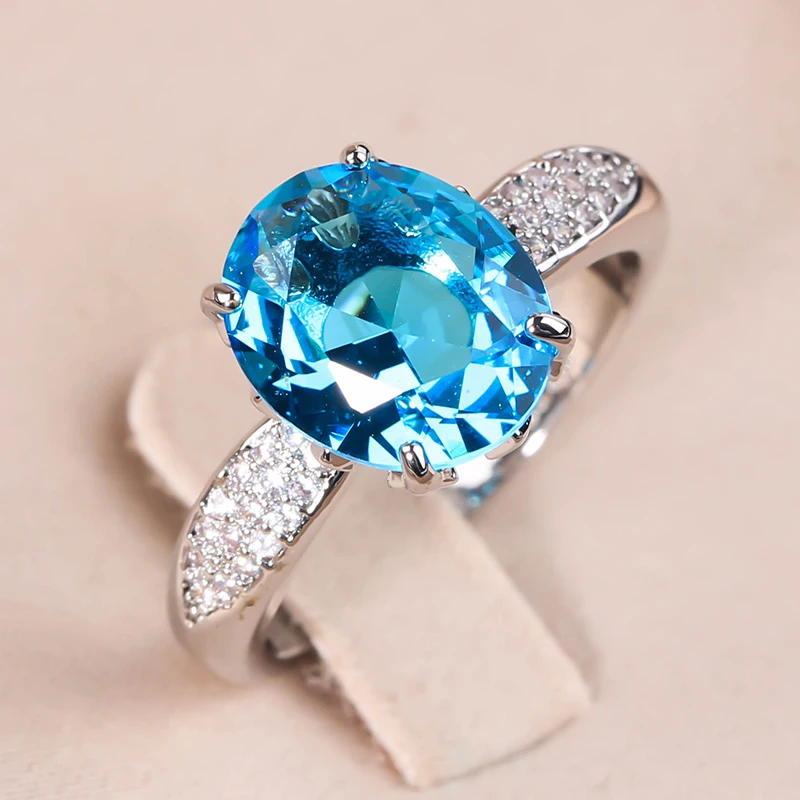 

Exquisite Full Diamond Sapphire Sparkling Diamond Ladies Ring Luxury Wedding Engagement Blue Stone Ring, Silver