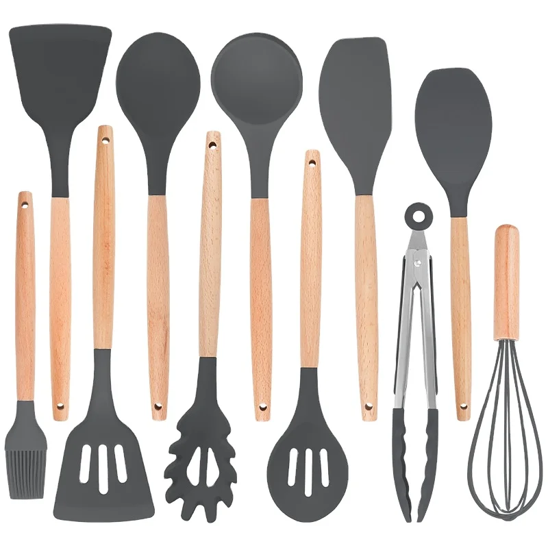 

US utensils wholesale silicone kitchen utensil 12pcs set with Wood Handle Nylon Silicone Cooking Utensil Baking Tools Gadget