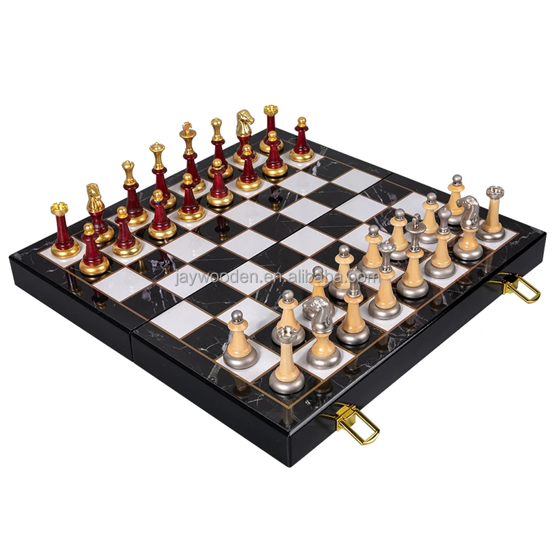 

Drop shipping Popular Marble Metal Chess piece Adult board game Chess Set luxury Metal Wooden Chess Box Board for Europe