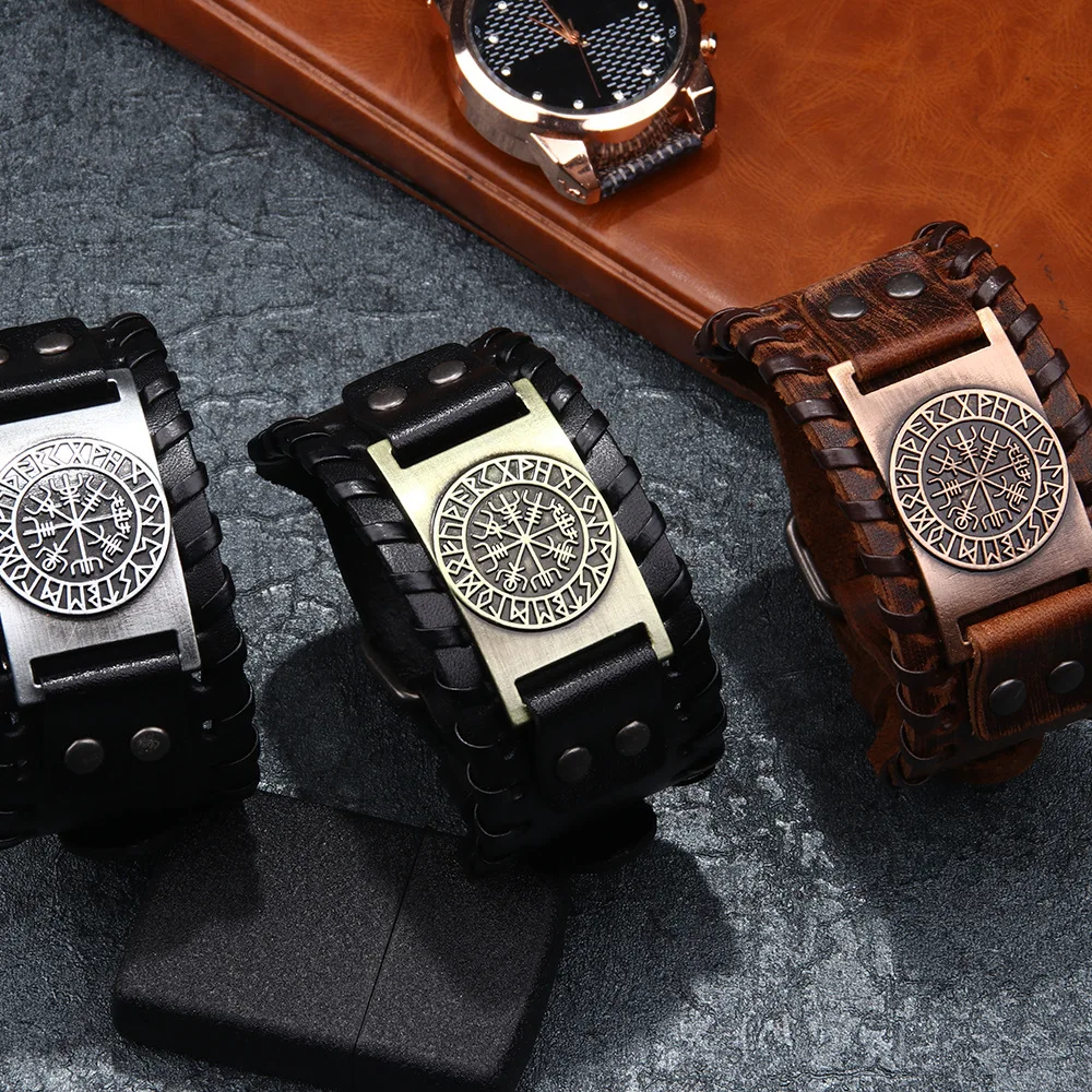 

The Viking Compass Adjustable Metal Buckle Wide Leather Bracelet For Women Men, Picture shows