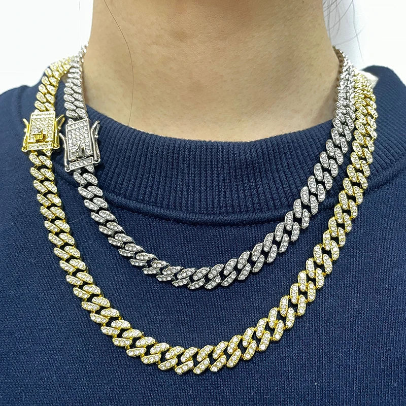 

Wholesale Hip Hop 8MM Alloy Big Iced Out Jewelry Cuban Link Chain Personality Full Diamond Gold Plated Necklace