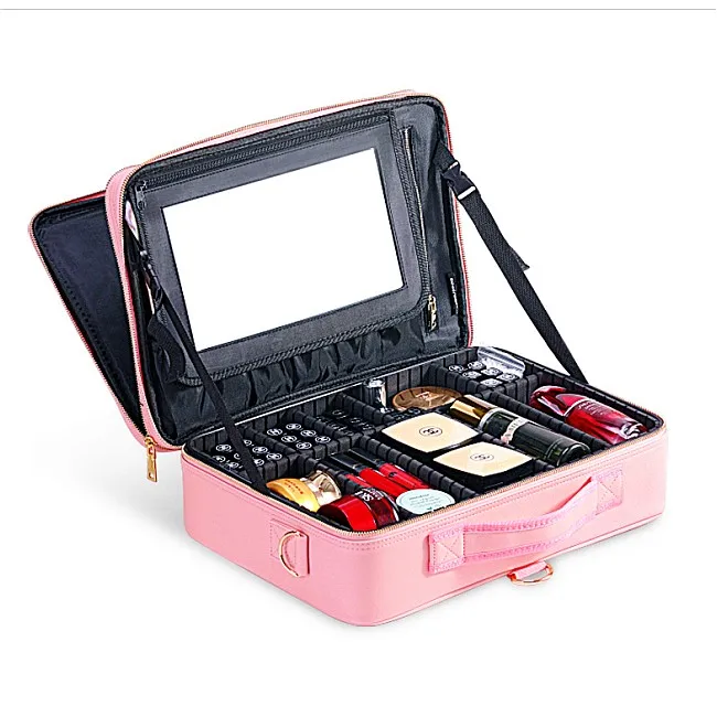 

Large Capacity Portable pvc zipper leather waterproof cosmetic bag with Mirror makeup bag cosmetic case, Black white brown coffee etc.