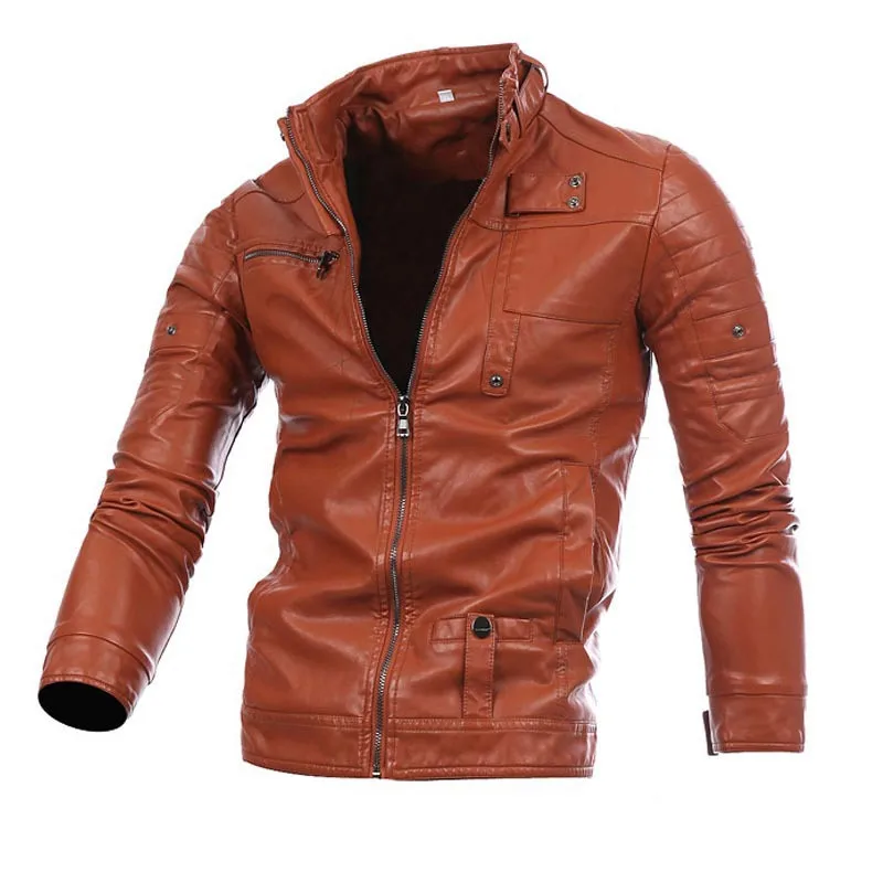 Men's Stand Collar Man Zipper PU Long-sleeved Leather Jacket