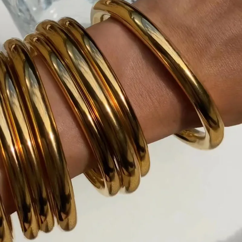 High End 18K Gold Plated Chunky Hollow Weld Bracelet Bangle Stainless Steel Gold Fashion Jewelry for Women