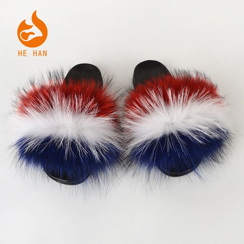 

popular soft colourful fox and raccoon rainbow fur slides slippers for women and children