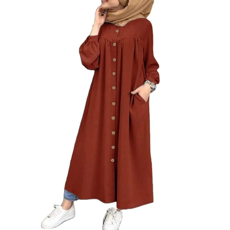 

Turkey Arab Women Muslim Dubai Abaya Hijab Dress Jubah Autumn Long Sleeve Buttons Sundress Islam Clothing Abaya Maxi Vestidos