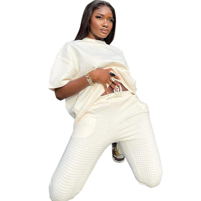 

2 Set Women Clothing Casual White Waffle Round Neck Short Sleeve Loose High Waist Pencil Trousers 2piece Women Outfit Sets Party