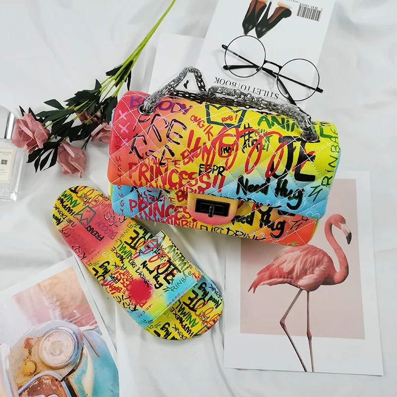 

PDEP most popular graffiti slippers comfortable PVC sandals and purse fluorescent green summer 2021 handbags set for women