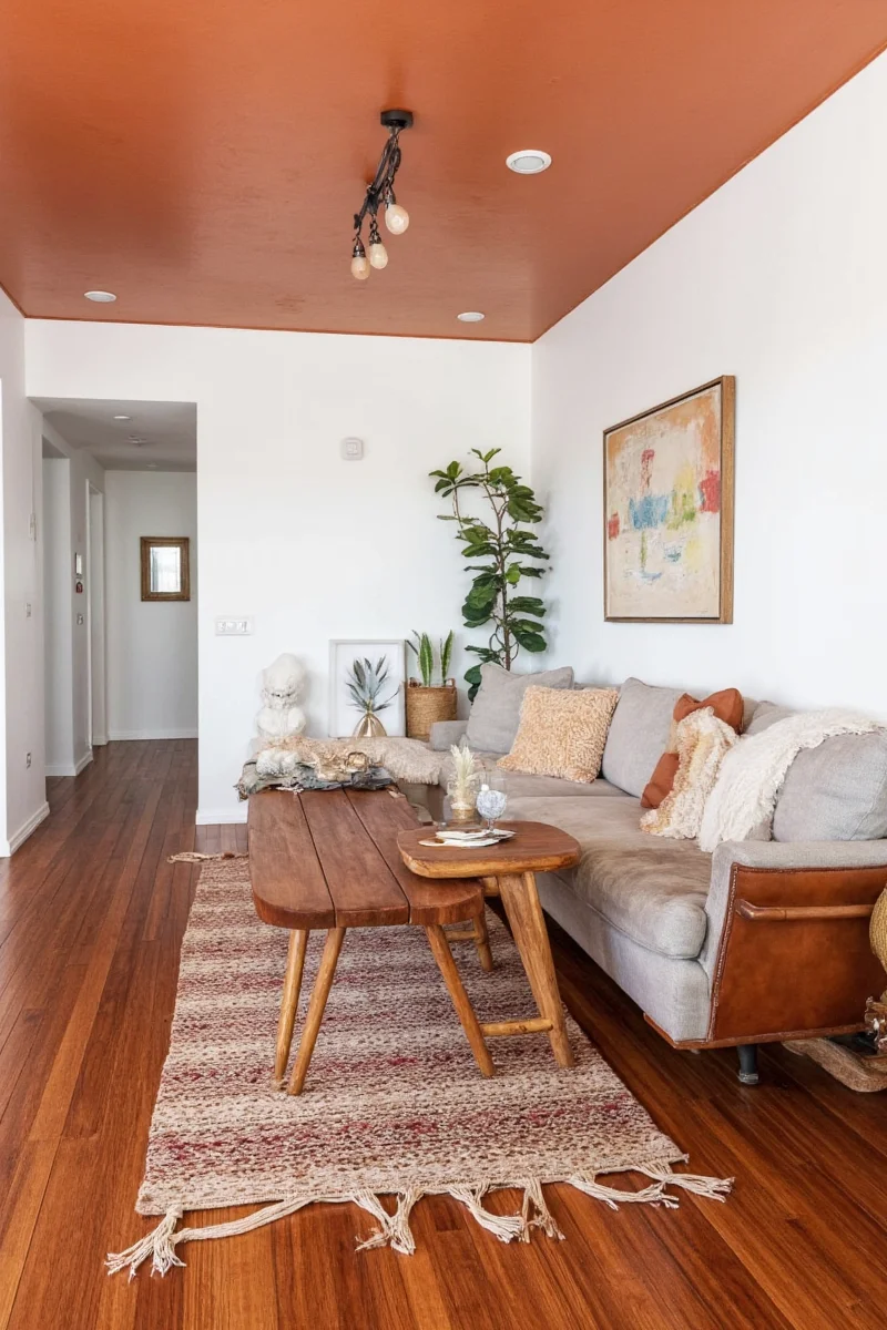 Cozy living room with rust pillows and blanket on a beige sofa